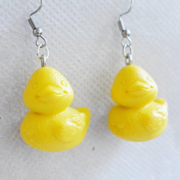 Yellow Toy Rubber Duck Drop Earrings Handmade Hypoallergenic Jewelry - Picture 3 of 7